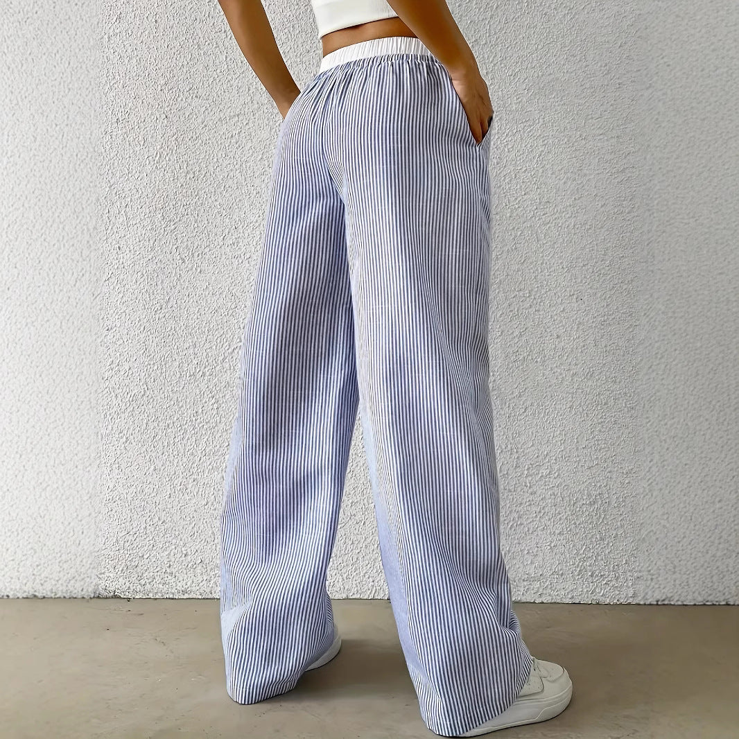 Leisure Commute Simple Blue Striped Draggle-tail Straight Trousers