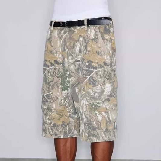 Retro Distressed Branch Camouflage Workwear Shorts