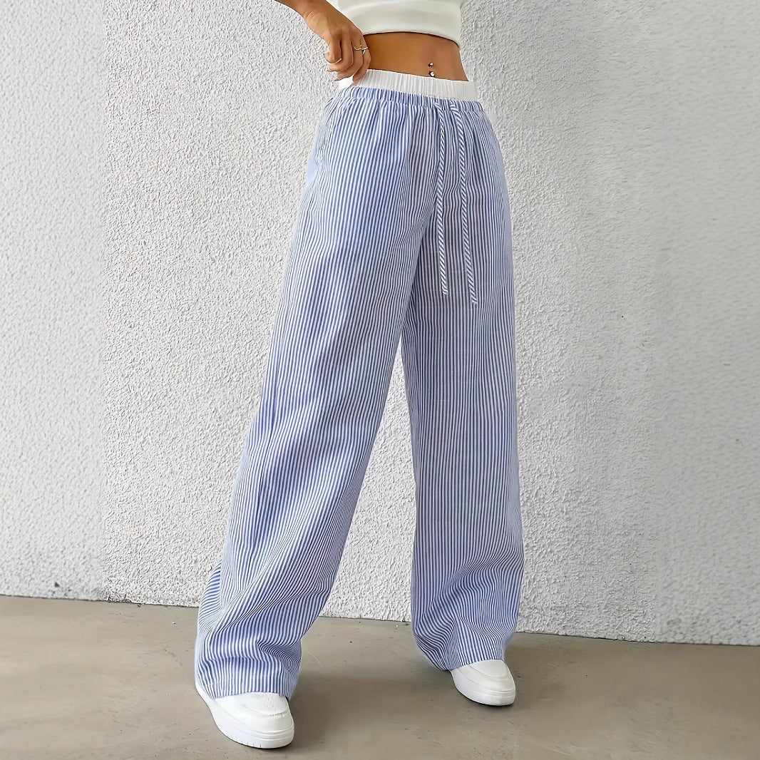Leisure Commute Simple Blue Striped Draggle-tail Straight Trousers