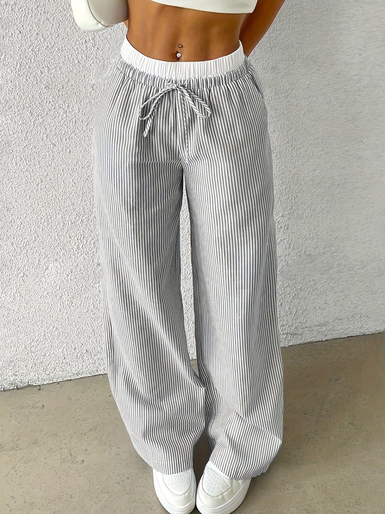 Leisure Commute Simple Blue Striped Draggle-tail Straight Trousers