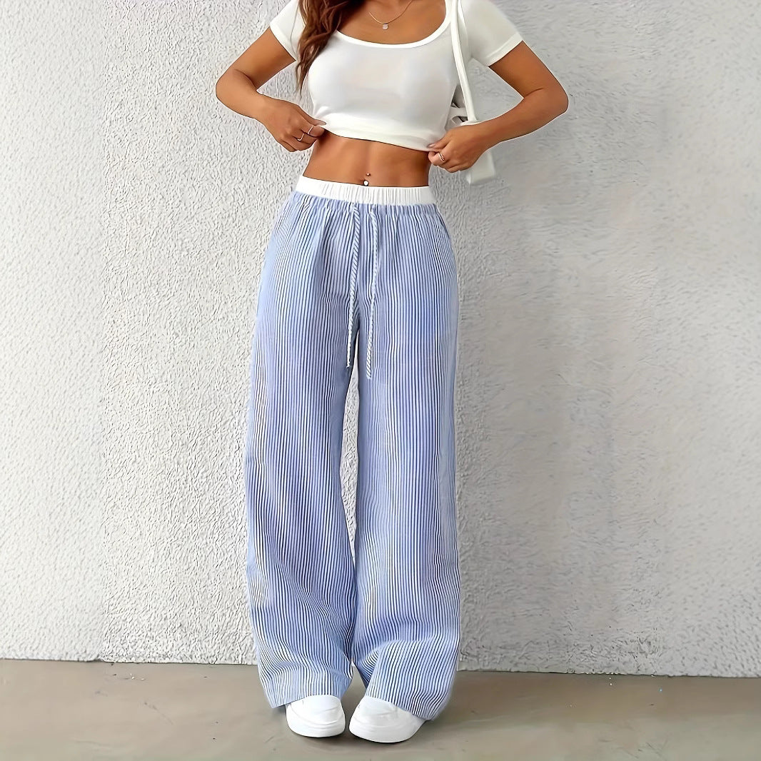 Leisure Commute Simple Blue Striped Draggle-tail Straight Trousers