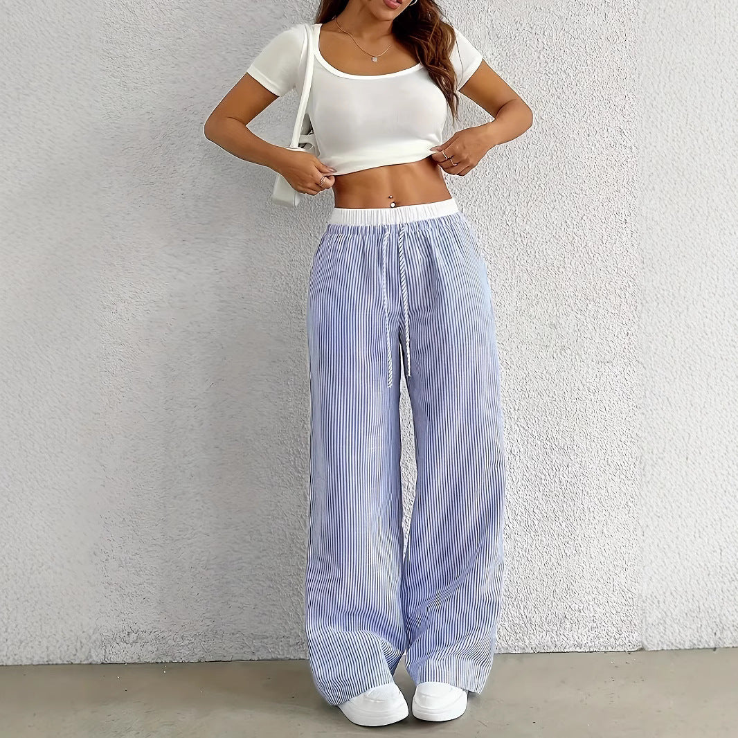 Leisure Commute Simple Blue Striped Draggle-tail Straight Trousers