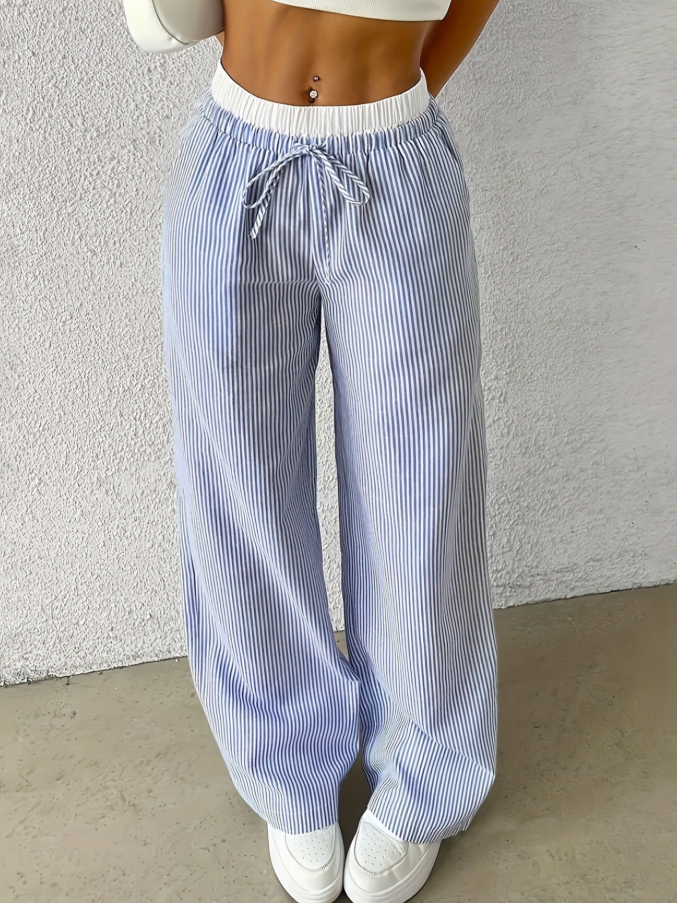 Leisure Commute Simple Blue Striped Draggle-tail Straight Trousers